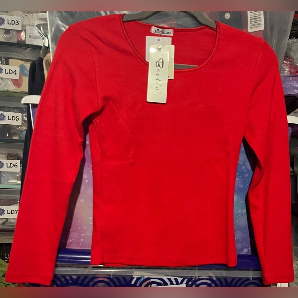 Beetle Red Ribbed Long Sleeve Top Size S/M